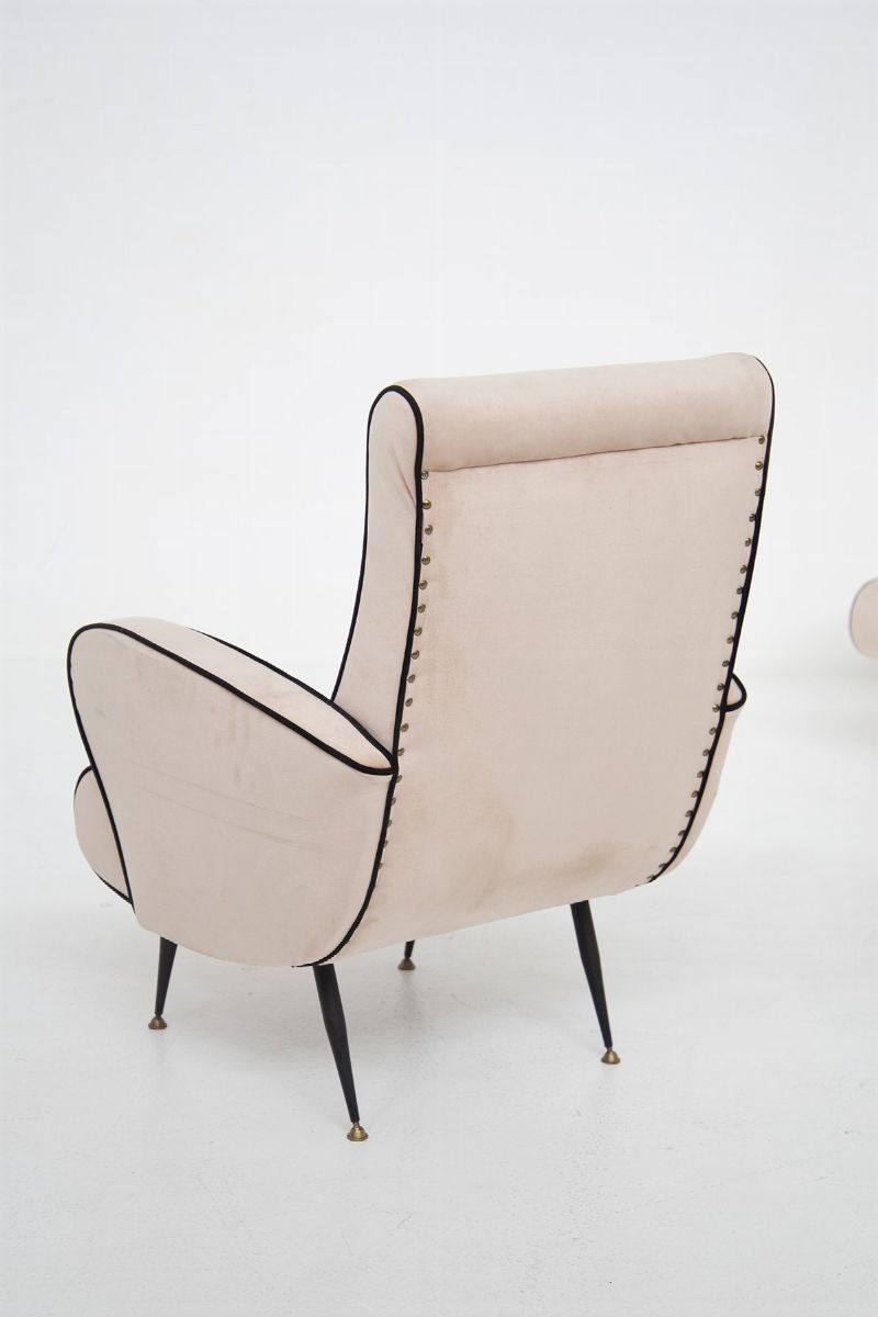 Poltrone Vintage Italiane in Velluto Rosa e Nero e Ottone