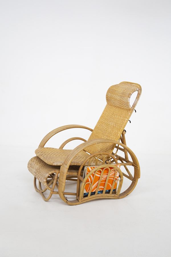 Vintage Rattan and Bamboo Armchair with Magazine Holder