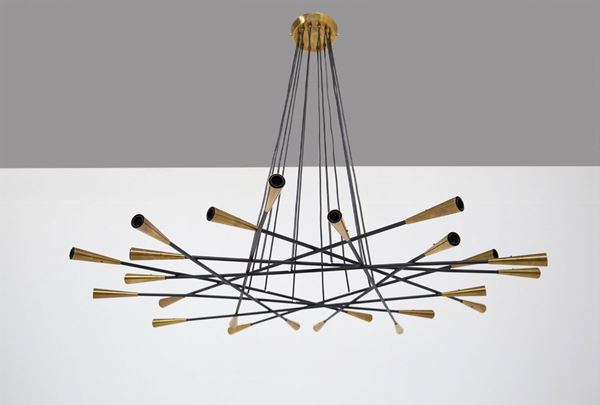 Lampadario Shanghai vintage in ottone e ottone verniciato nero
