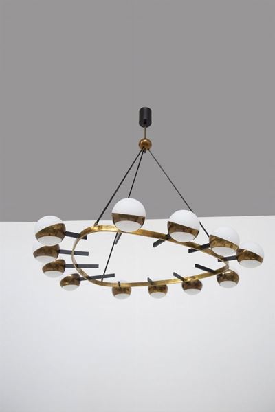 Rare Stilnovo Large Chandelier in Brass And Opal Glass