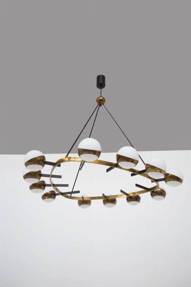 Rare Stilnovo Large Chandelier in Brass And Opal Glass