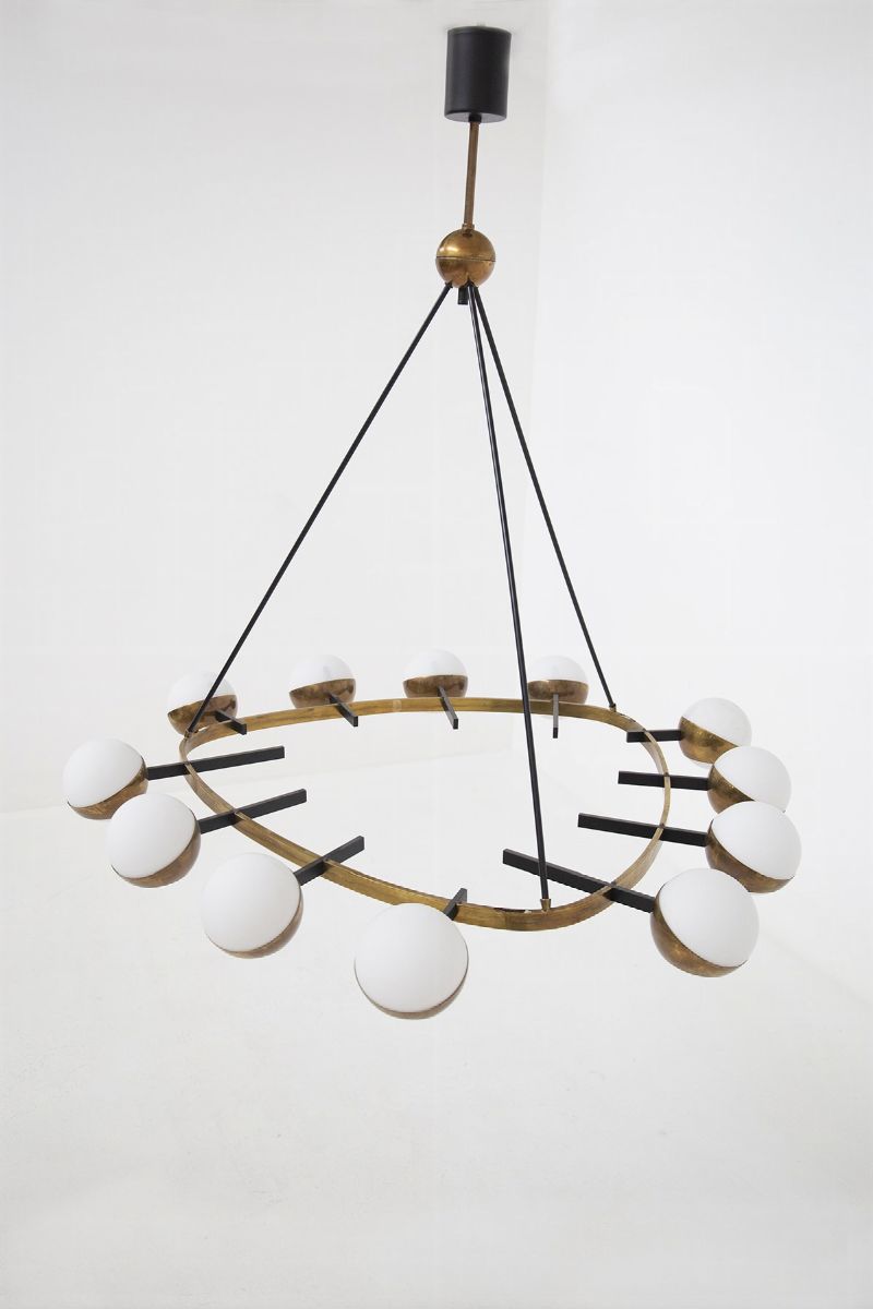 Rare Stilnovo Large Chandelier in Brass And Opal Glass