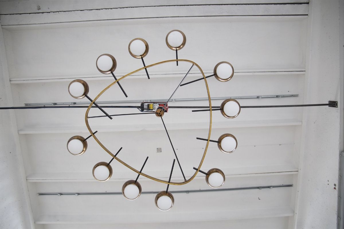 Rare Stilnovo Large Chandelier in Brass And Opal Glass
