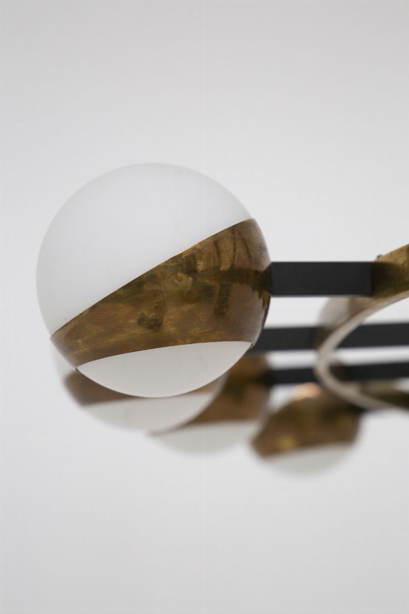 Rare Stilnovo Large Chandelier in Brass And Opal Glass