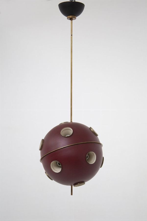 Oscar Torlasco Red Chandelier in Brass and Aluminum