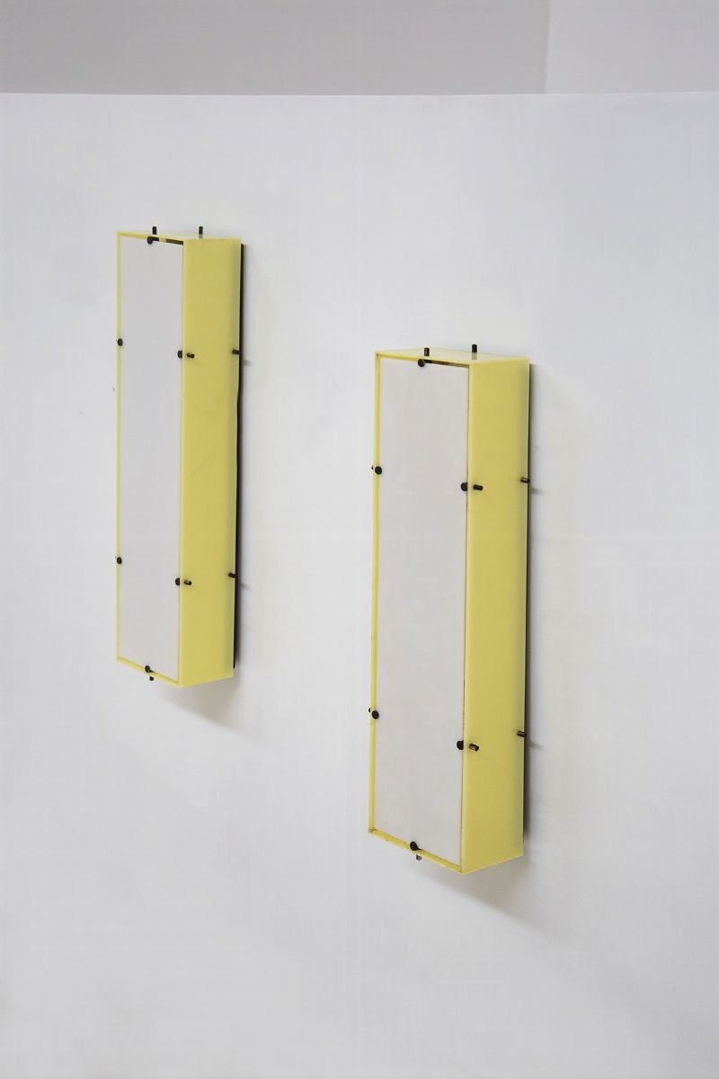 Angelo Lelli Wall Lights in Plexi And Brass, Original Label
