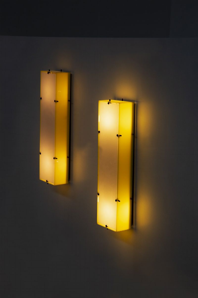 Angelo Lelli Wall Lights in Plexi And Brass, Original Label