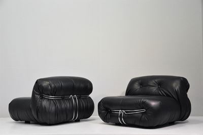 Pair Of Black Leather Soriana Cassina Armchairs