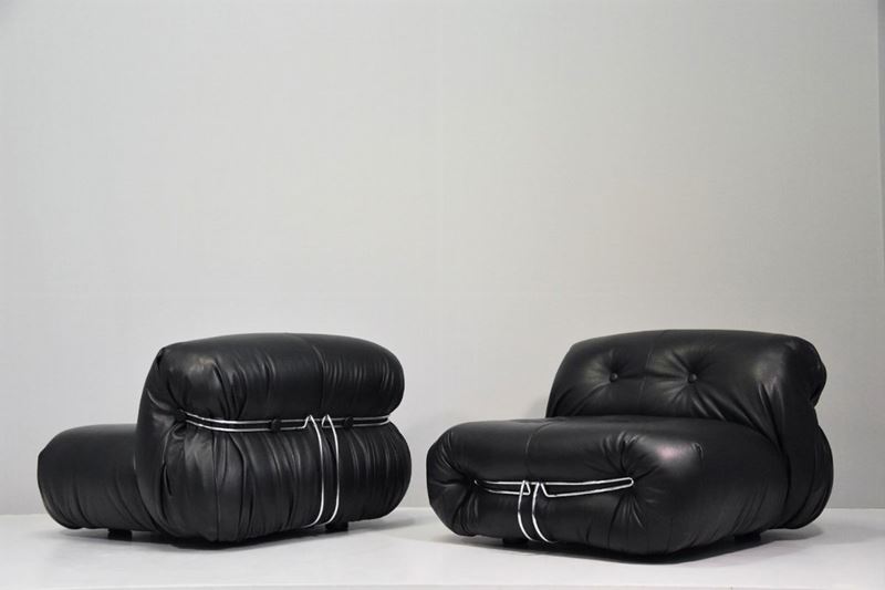 Pair Of Black Leather Soriana Cassina Armchairs