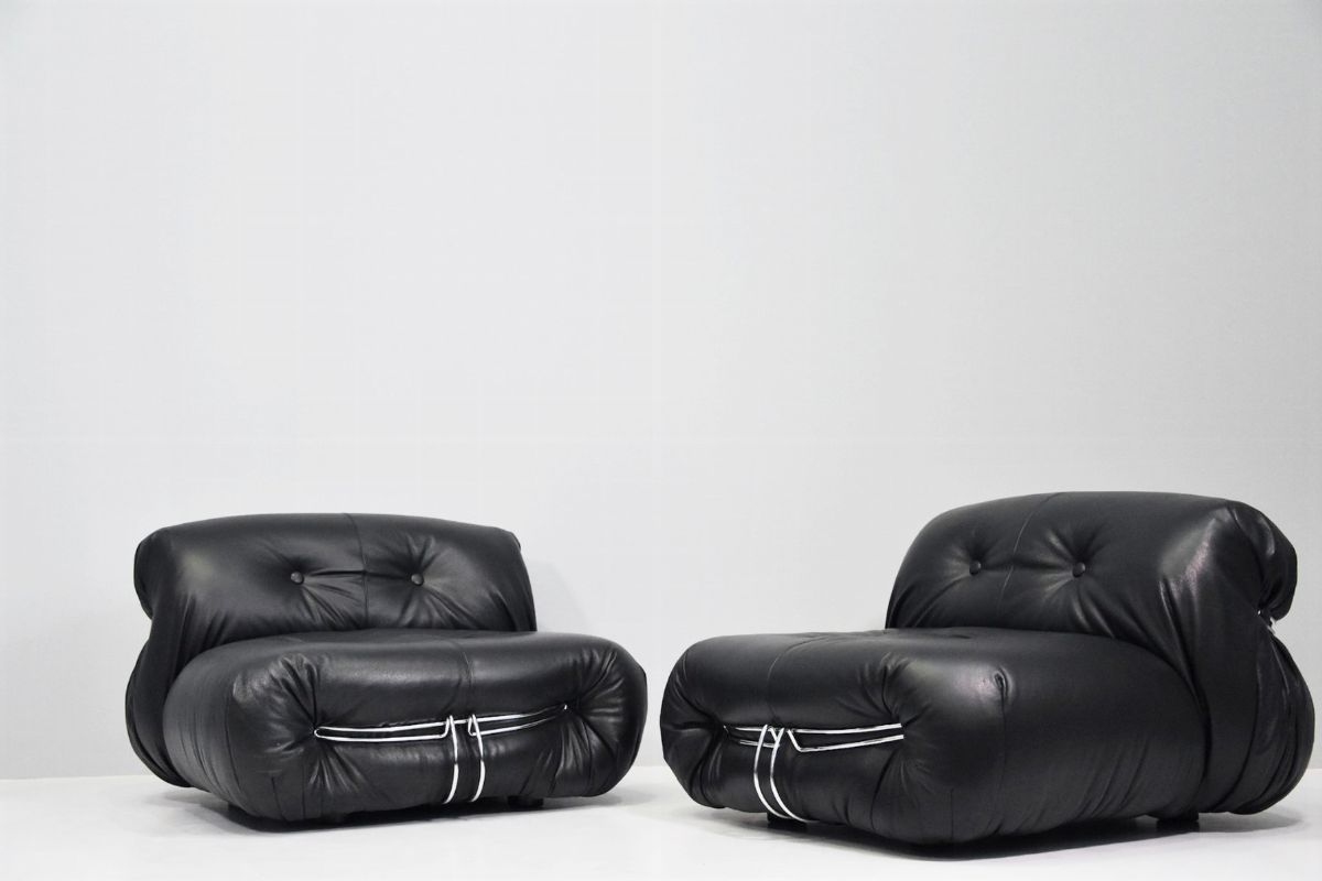 Pair Of Black Leather Soriana Cassina Armchairs