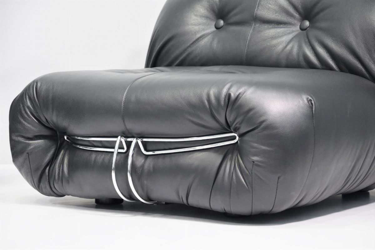 Pair Of Black Leather Soriana Cassina Armchairs