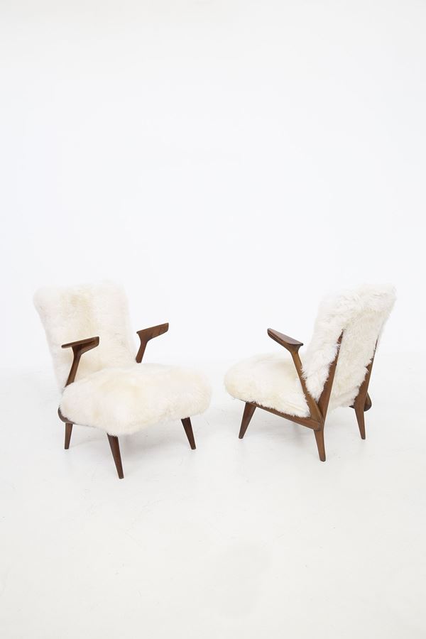 Pair of Italian Fur Armchairs Attributed to Giuseppe Scapinelli