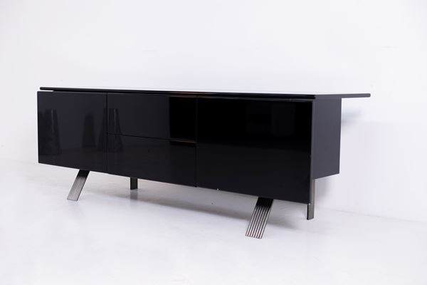 Italian Sideboard in Black Lacquered Wood and Steel, 1970s