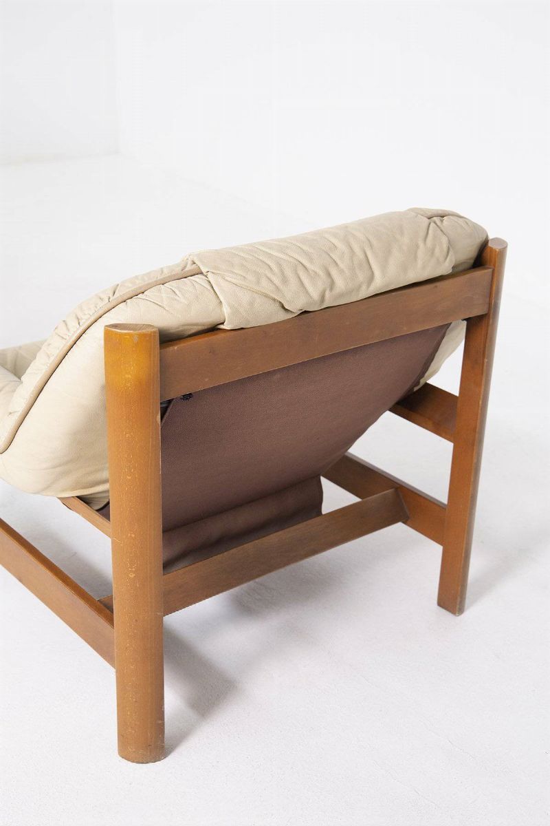 Pair of Italian Armchairs in Leather Beige and Wood