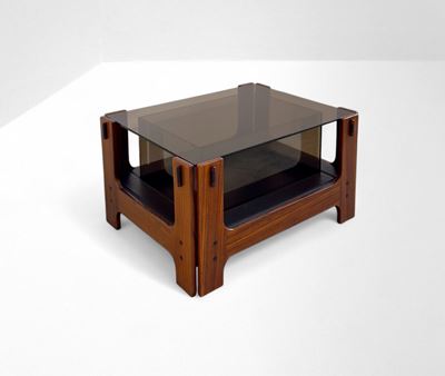 Tavolino da salotto in legno, cuoio e vetro fumé, Anni '70