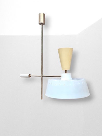 Lampada a sospensione, ottone e metallo verniciato, produzione Stilnovo, anni '60