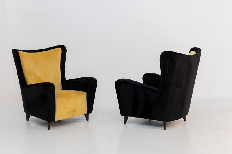 Pair of Italian Armchairs Attributed to Ico Parisi in Black and Yellow Velvet