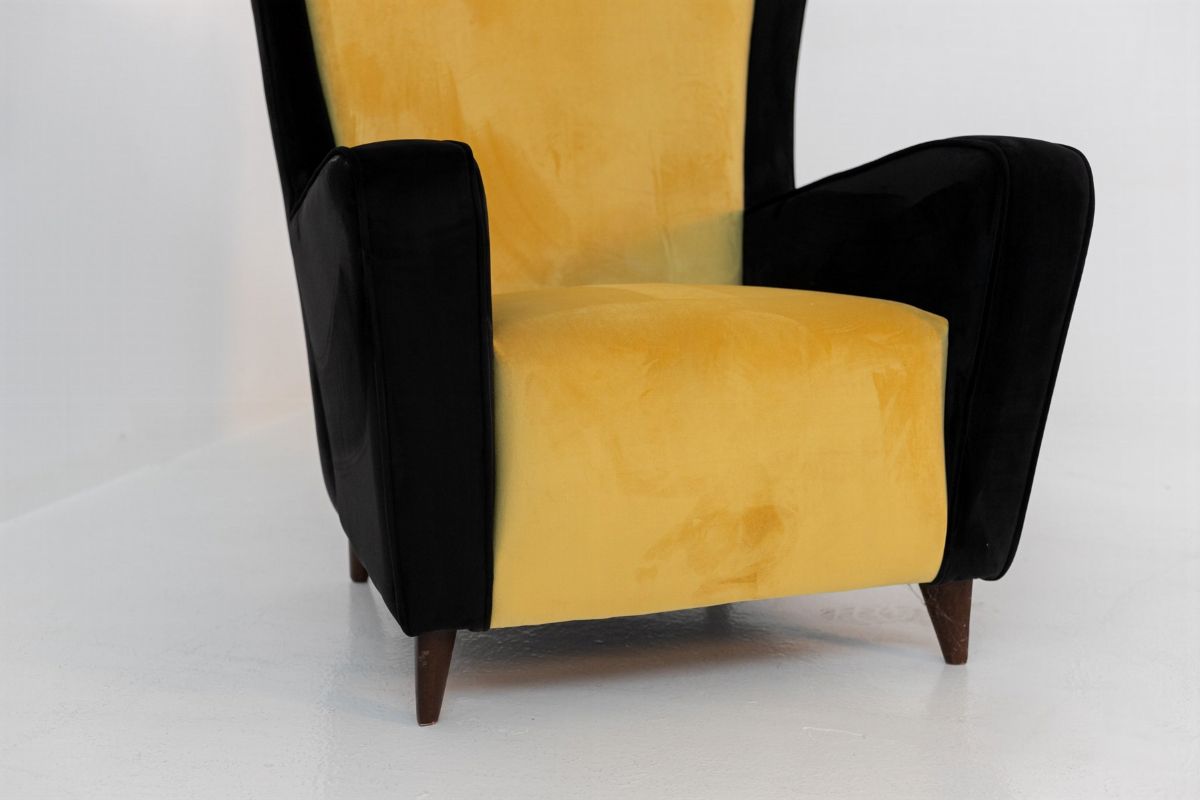 Pair of Italian Armchairs Attributed to Ico Parisi in Black and Yellow Velvet