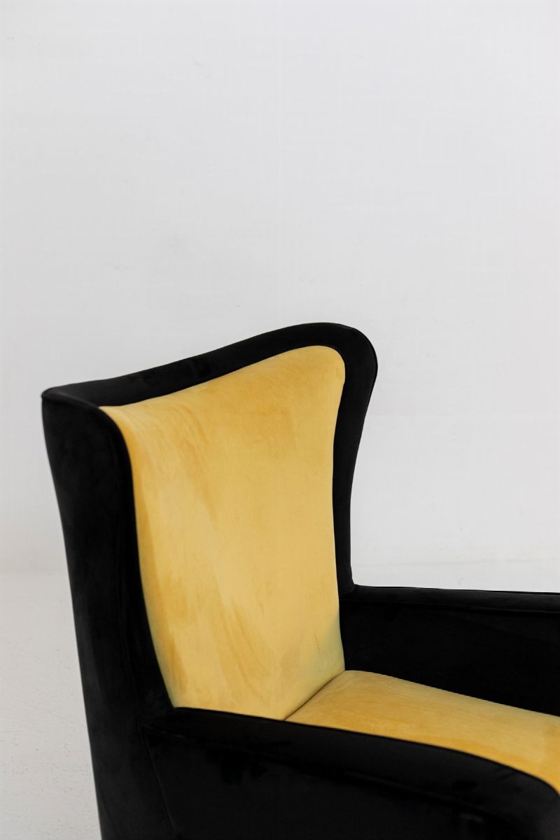 Pair of Italian Armchairs Attributed to Ico Parisi in Black and Yellow Velvet