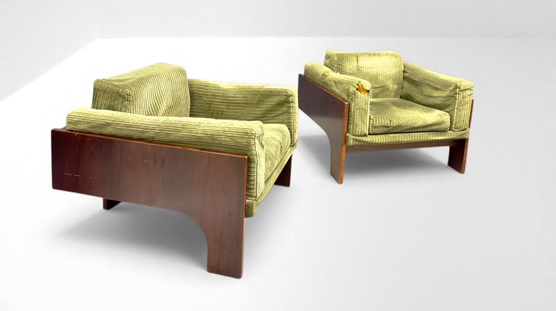 Claudio Salocchi - Coppia di poltrone Oriolo, legno e velluto a coste, anni '60