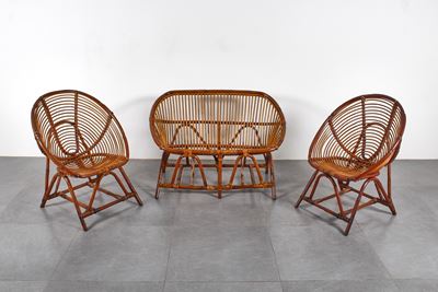 Set di divano due posti e coppia di poltrone in rattan