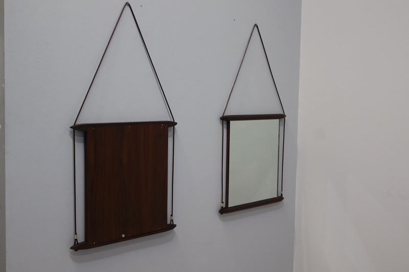 Ico Parisi - Coppia di specchi da parete, legno e pelle