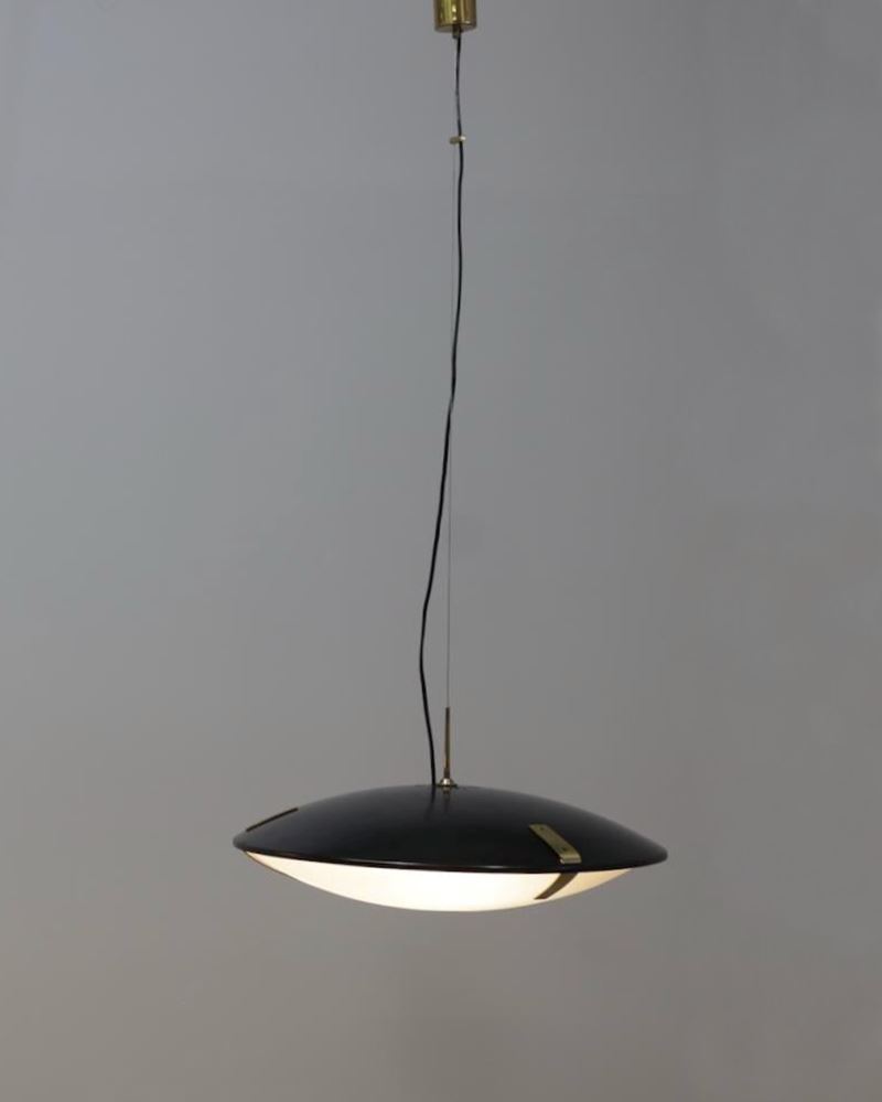 Lampada a sospensione Stilnovo modello 1140, alluminio, ottone e vetro
