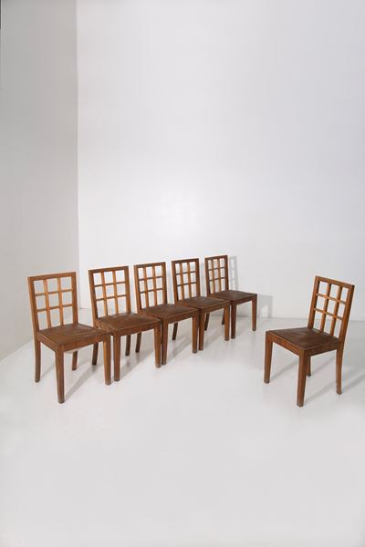Set di sei sedie in legno e pelle