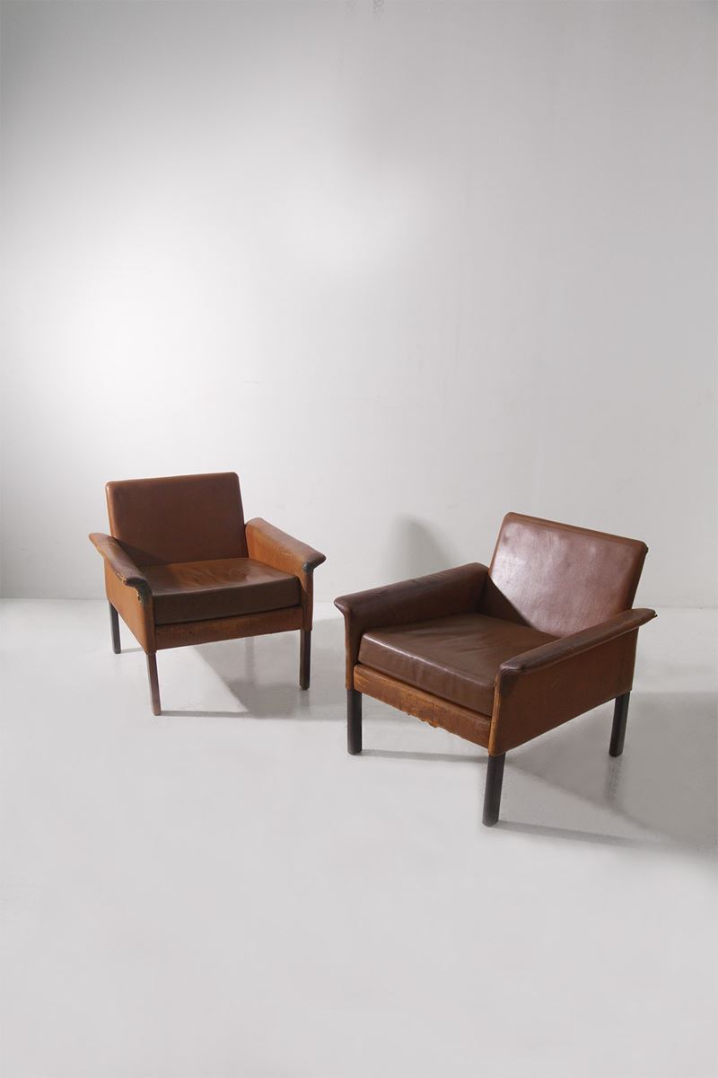 Hans Olsen - Coppia di poltrone in pelle e legno