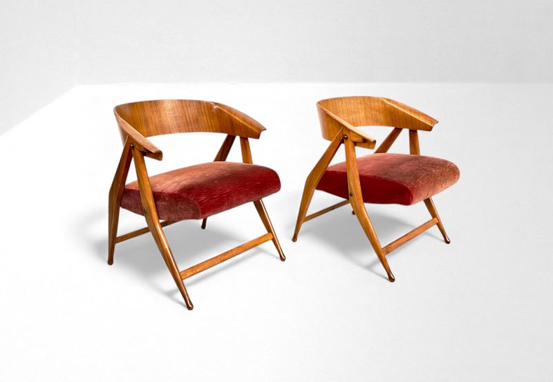 Gio Ponti - Coppia di poltrone modello Singer, legno e tessuto