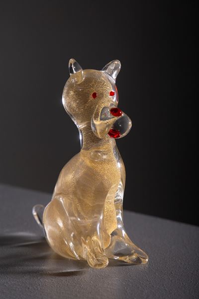 Figura di cane in vetro trasparente con sommersione in oro
