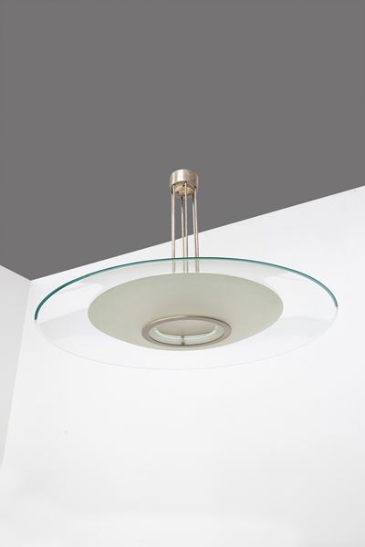Lampadario per Fontana Arte, ottone nichelato e vetro colorato, anni '50