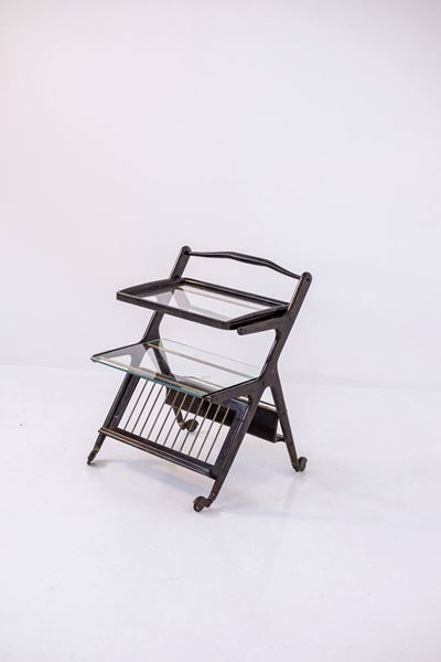 Carrello Portabottiglie Italiano in Legno e Ottone con Ruote (attr.)