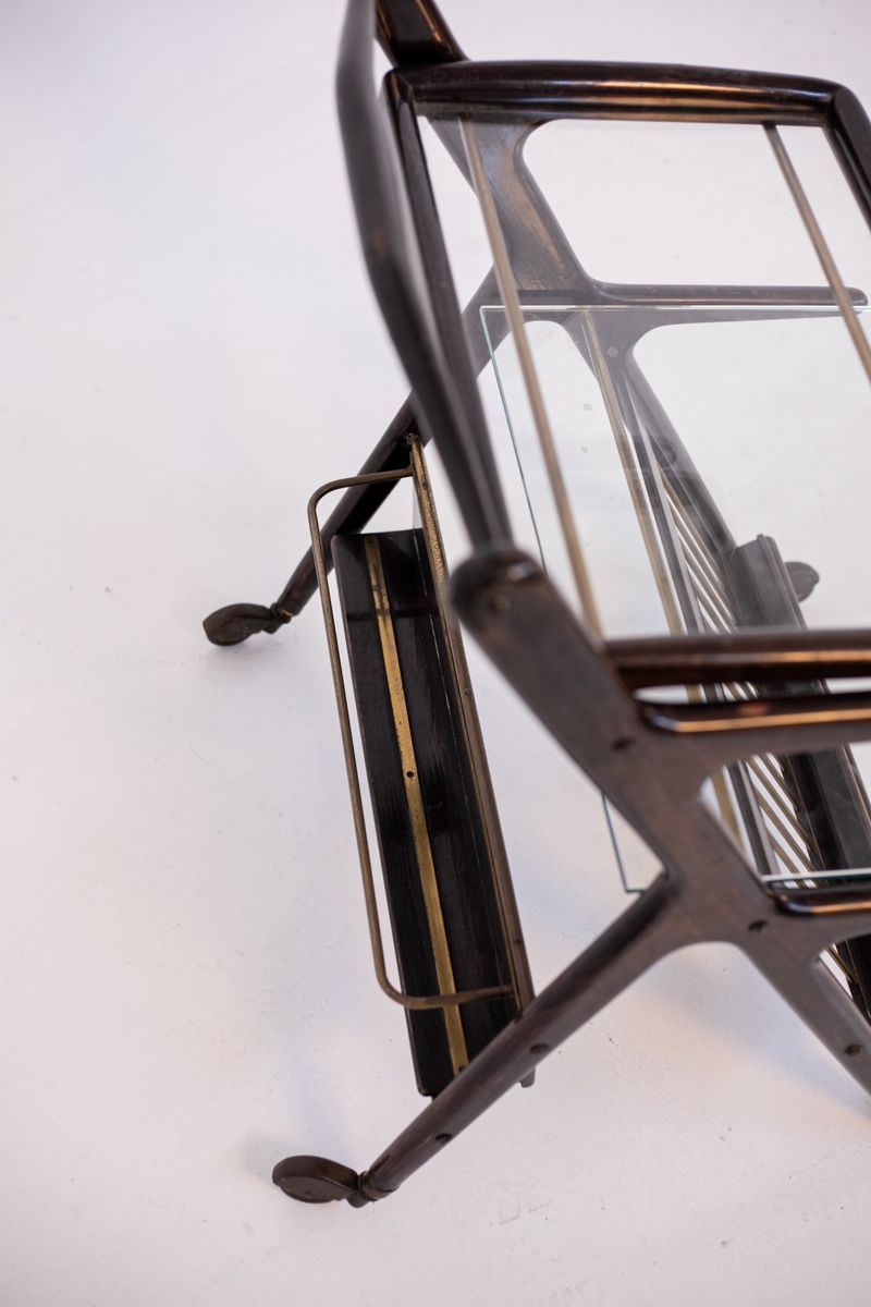 Carrello Portabottiglie Italiano in Legno e Ottone con Ruote (attr.)