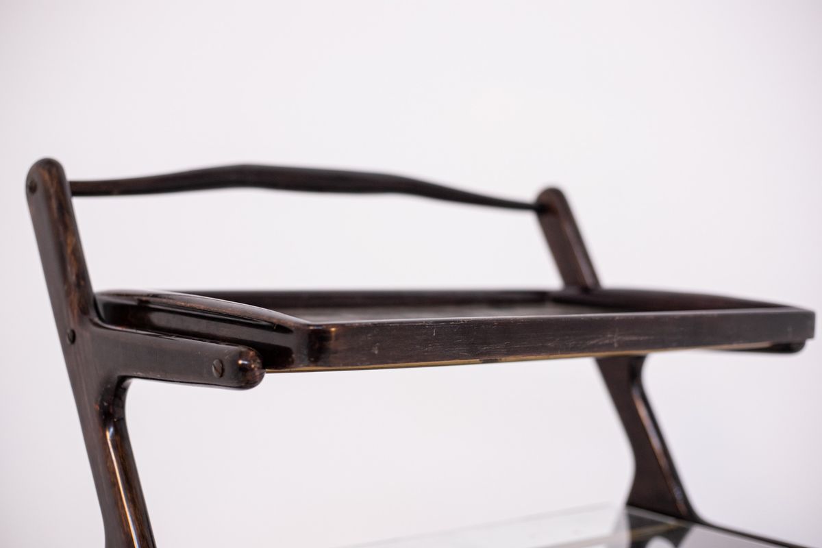 Carrello Portabottiglie Italiano in Legno e Ottone con Ruote (attr.)