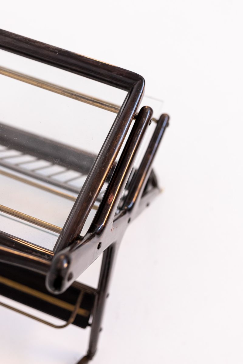 Carrello Portabottiglie Italiano in Legno e Ottone con Ruote (attr.)
