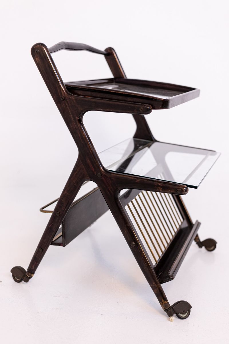 Carrello Portabottiglie Italiano in Legno e Ottone con Ruote (attr.)