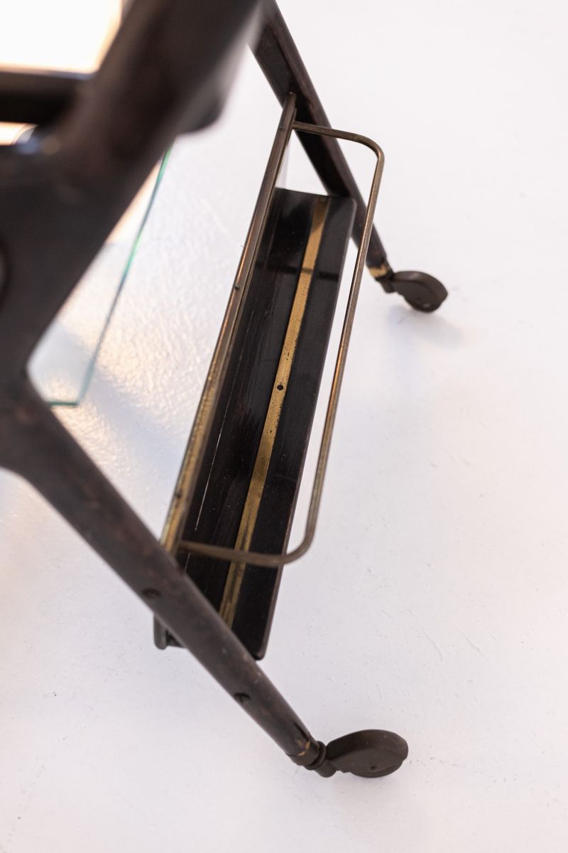Carrello Portabottiglie Italiano in Legno e Ottone con Ruote (attr.)