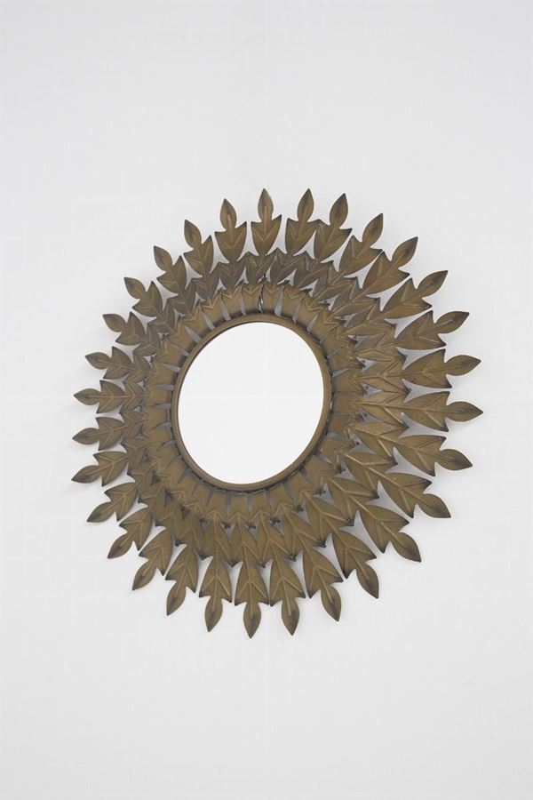 Specchio a forma di sole in ottone stile Hollywood Regency