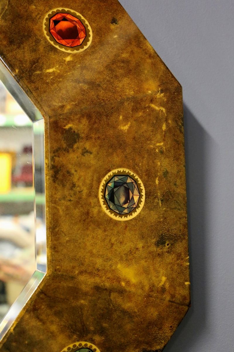 Specchio Raro di Metà Secolo in Pergamena con Etichetta Originale