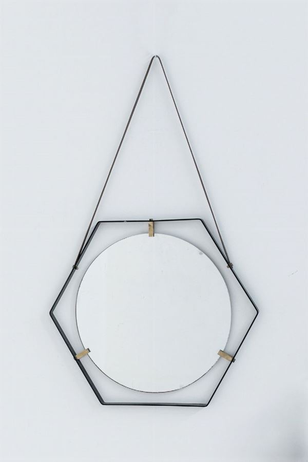 Italian Wall Mirror in Iron, Brass and Leather