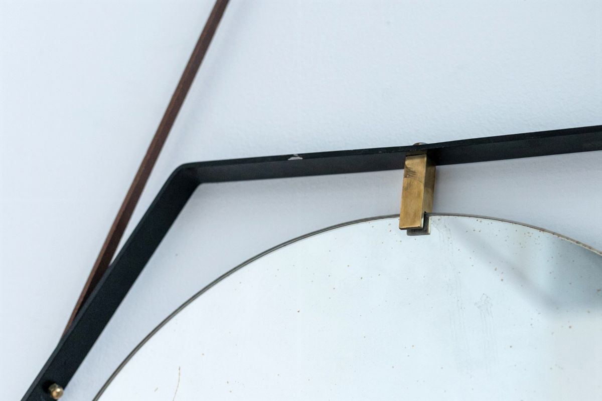 Specchio da Parete Italiano in Ferro, Ottone e Pelle
