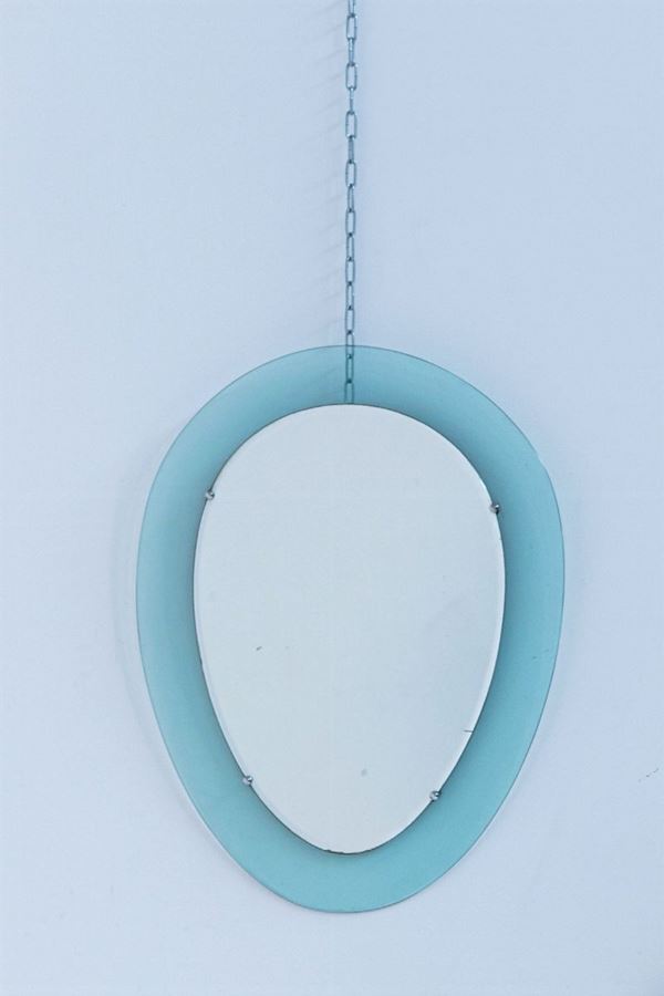 Specchio da parete italiano in vetro blu e acciaio