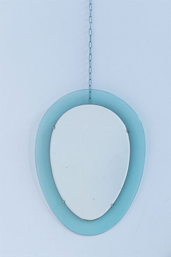 Italian Wall Mirror in Blue Glass and Steel