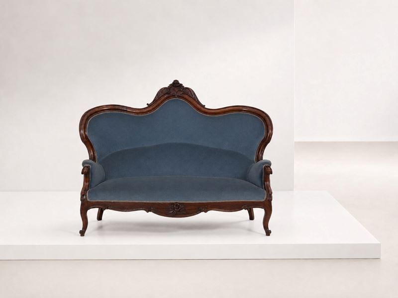 Manifattura Italiana - Divano in velluto blu in stile Luigi Filippo (inizio XX secolo)