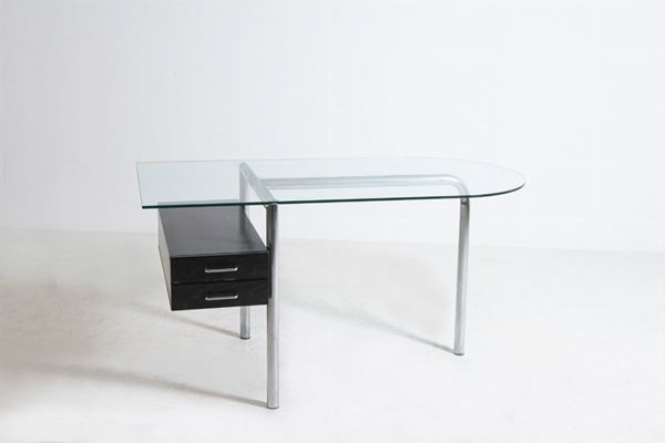 Italian Desk in Steel and Glass and Black Wood