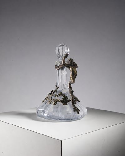 Decanter in cristallo Art Nouveau con montature in metallo