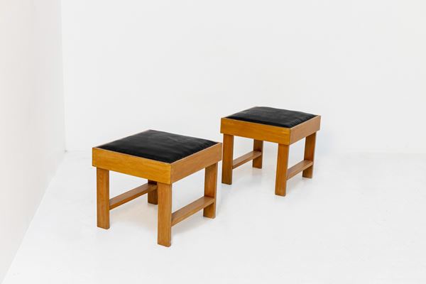 B.B.P.R. BANFI, BELGIOIOSO, PERESSUTTI, ROGERS - Pair of Italian Stools attr. to BBPR in Wood and Black Leather