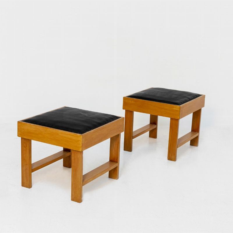 Pair of Italian Stools attr. to BBPR in Wood and Black Leather