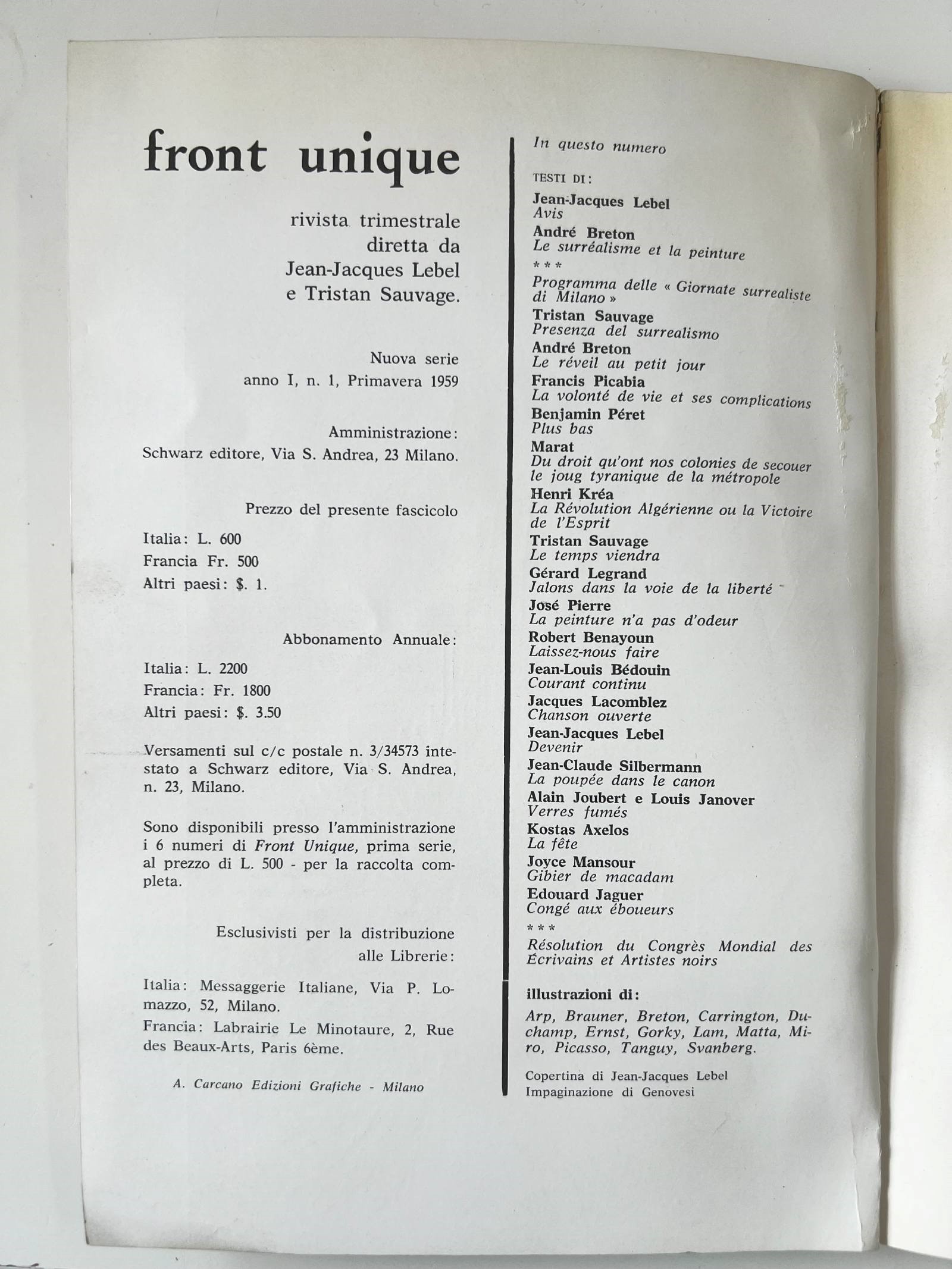 Front Unique, Rivista Front Unique (Nuova Serie), Anno I, n. 1, 1959